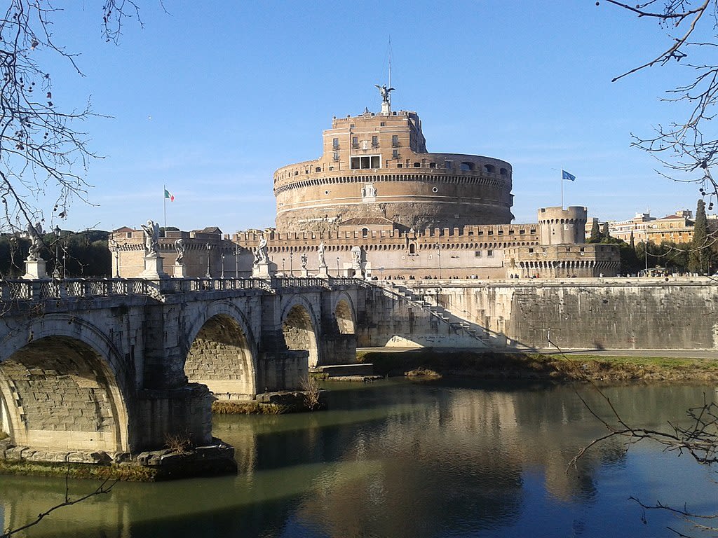 The exterior of the Castel Sant'Angelo, from the River Tiber.