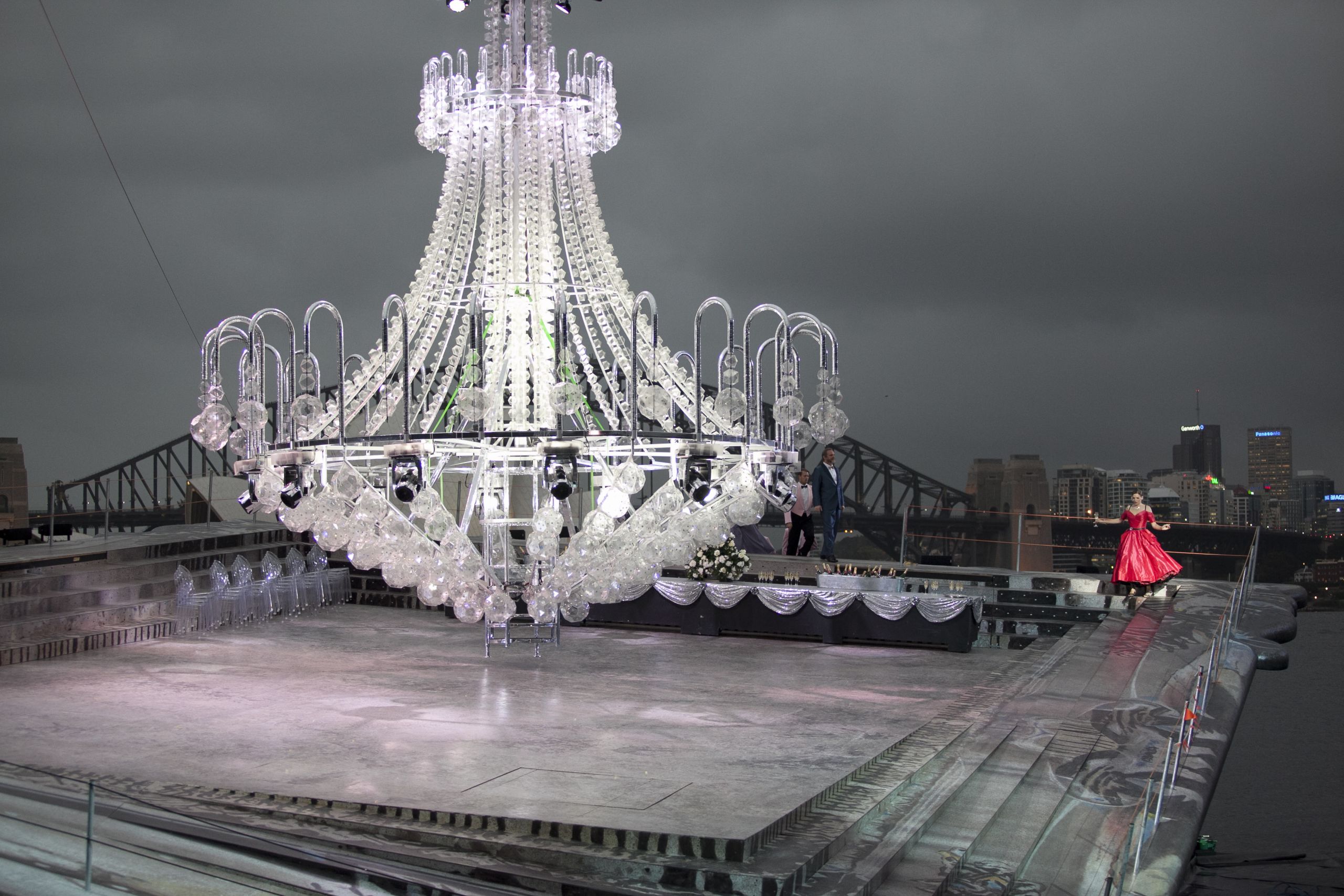 Giant crystal chandelier hanging over the stage in Opera Australia's production of La Traviata on Sydney Harbour in 2012 