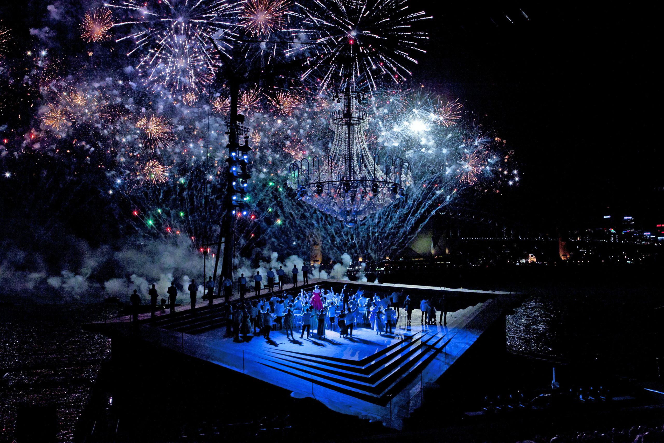 Fireworks over the stage of Opera Australia's production of La Traviata on Sydney Harbour in 2012 