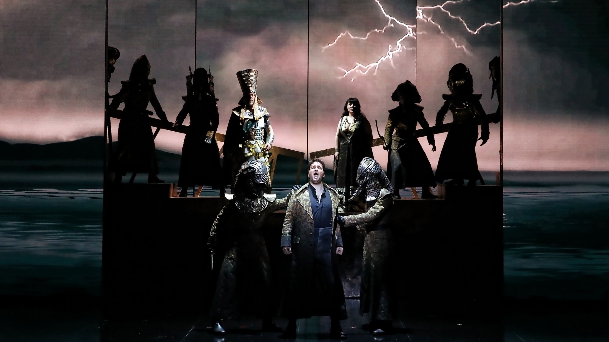 A large chorus scene in the opera aida