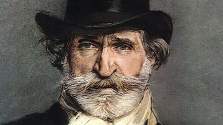 A portrait of Giuseppe Verdi in top hat and scarf.