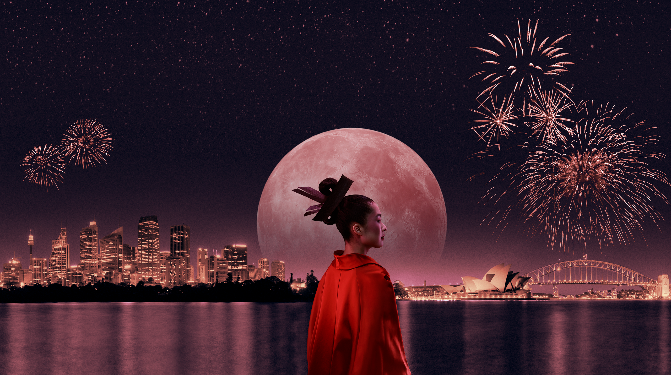 A woman in a red kimono stands in front of a large moon, looming over Sydney Harbour.