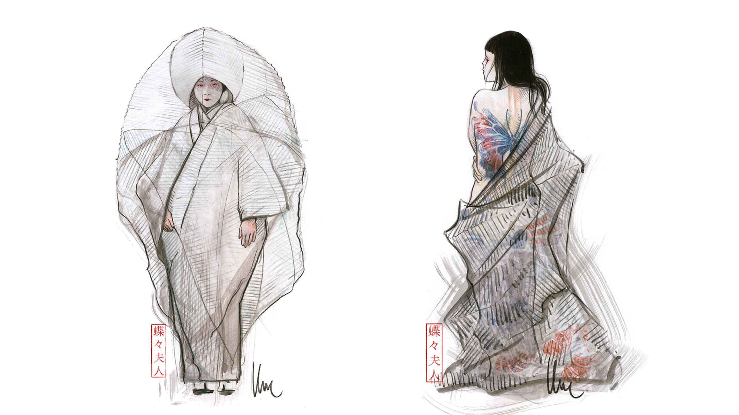 Three costume sketches for an opera production of Madama Butterfly