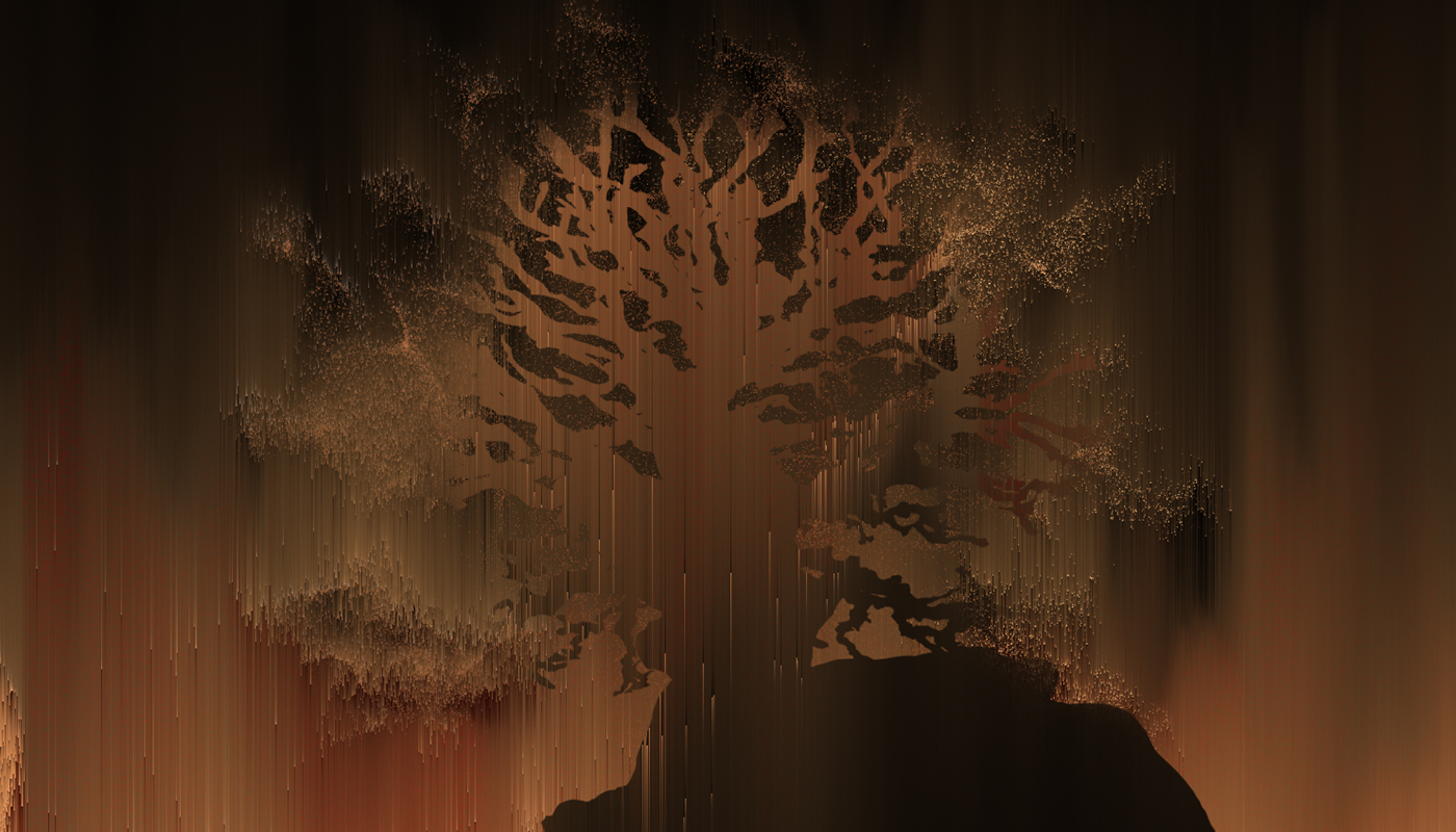 A digital rendering of a brown screen with a dark tree that appears to be running like paint.