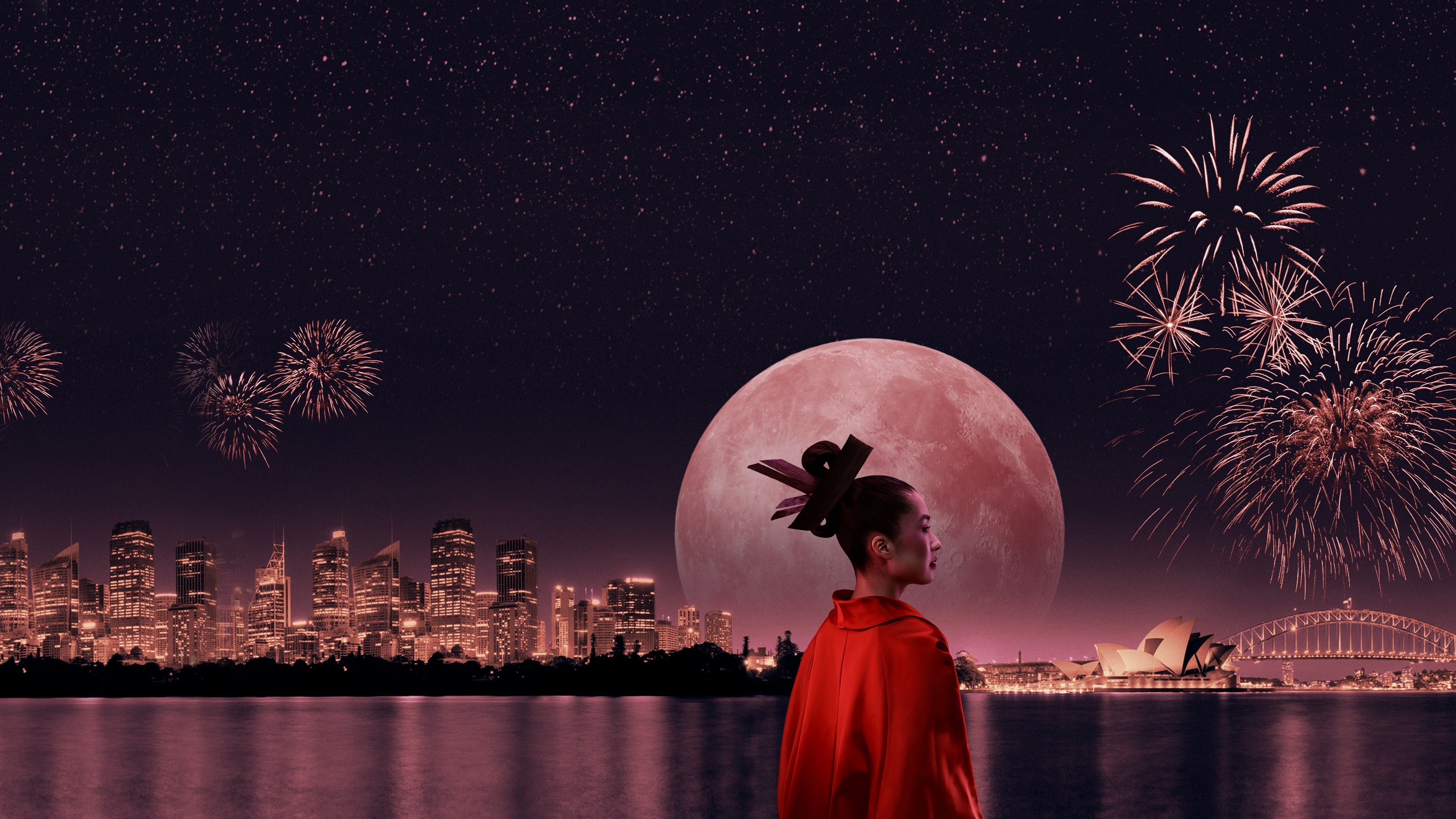 A woman in a red kimono stands in front of a large moon, staring out across Sydney Harbour, with the Opera House and Harbour Bridge in the background.