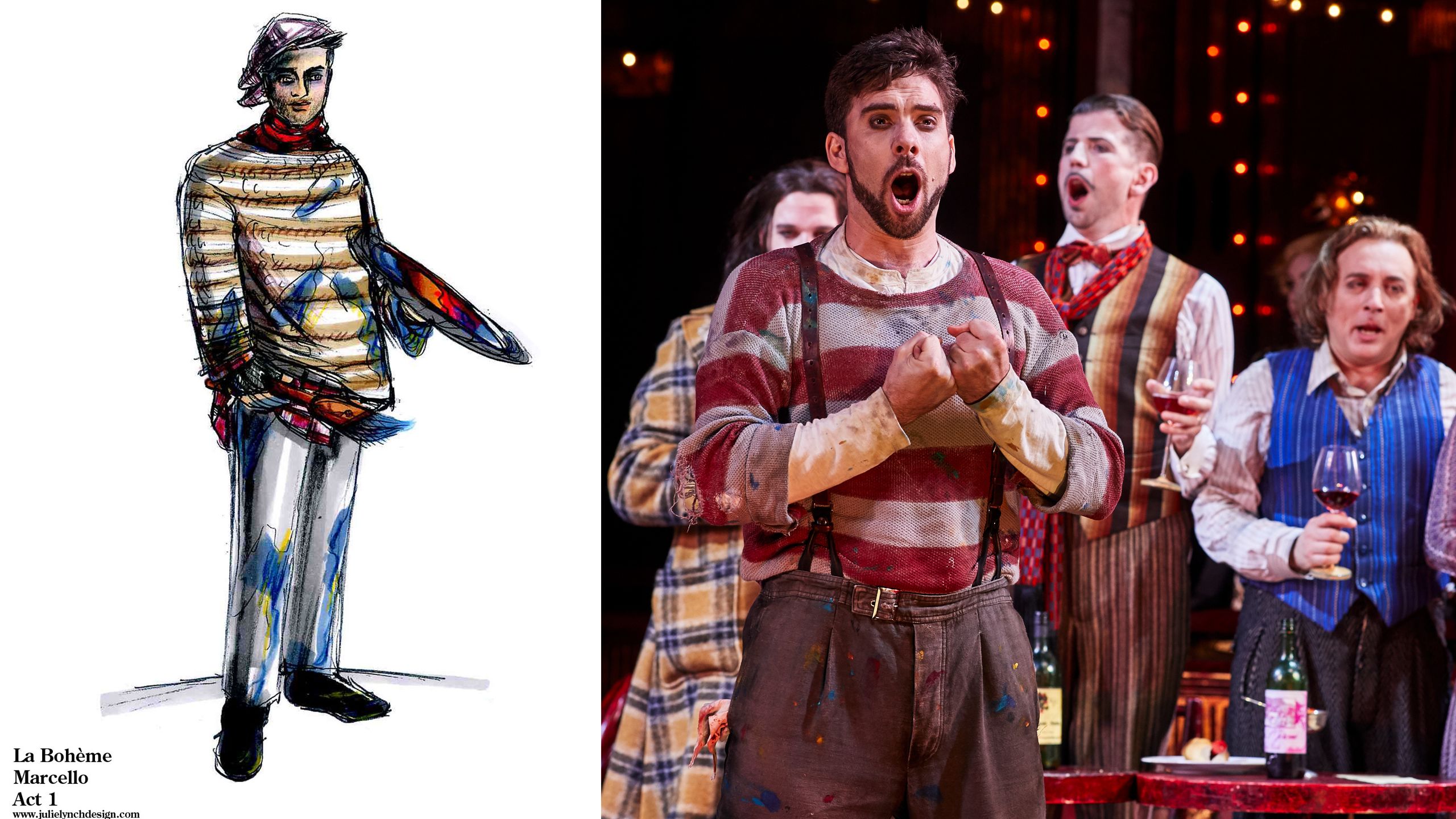 the costume drawing for marcello in la boheme and an image of samuel dundas performing the role of marcello on stage