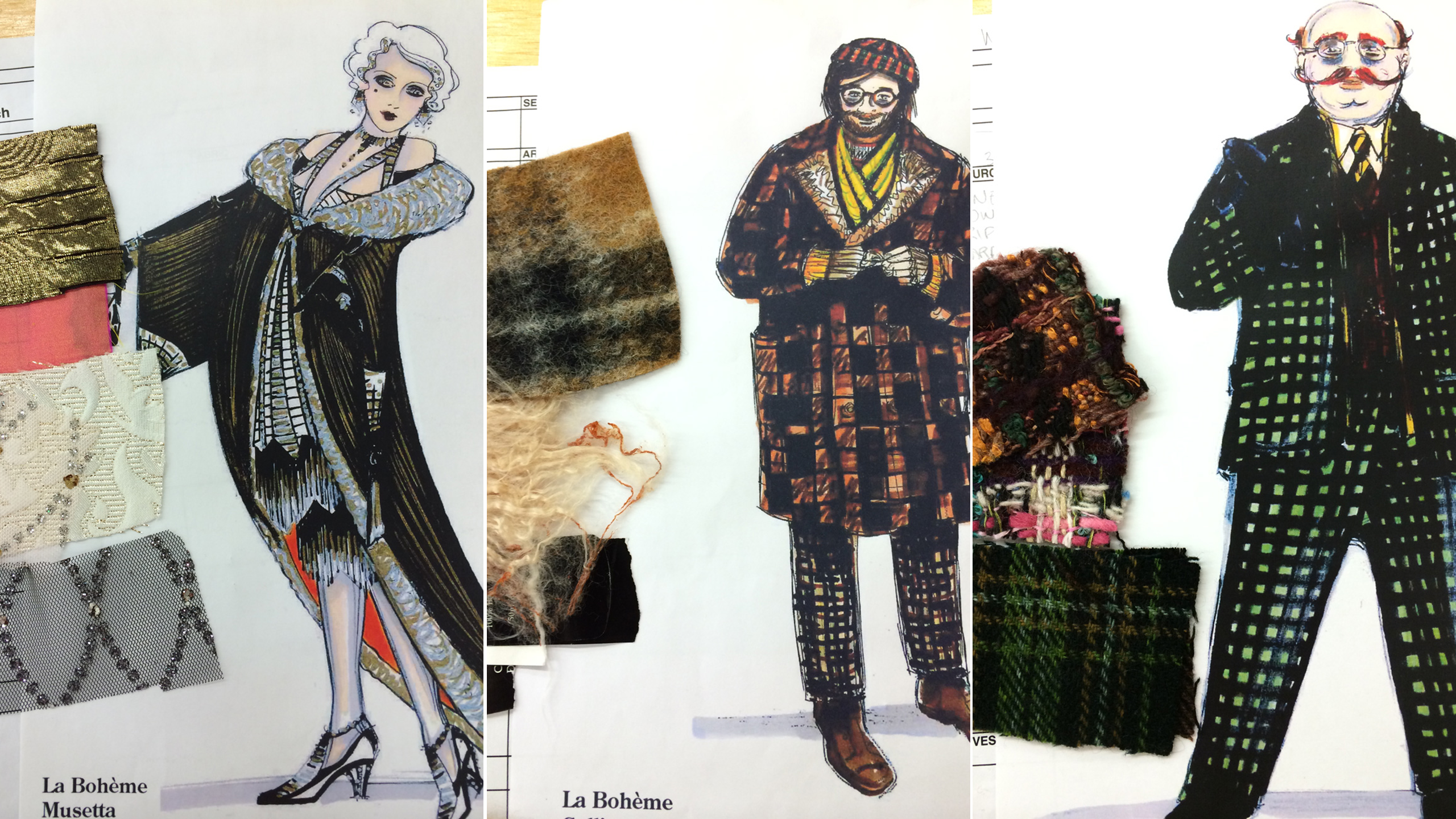 costume design drawings for musetta, colline and benoit in the opera la boheme