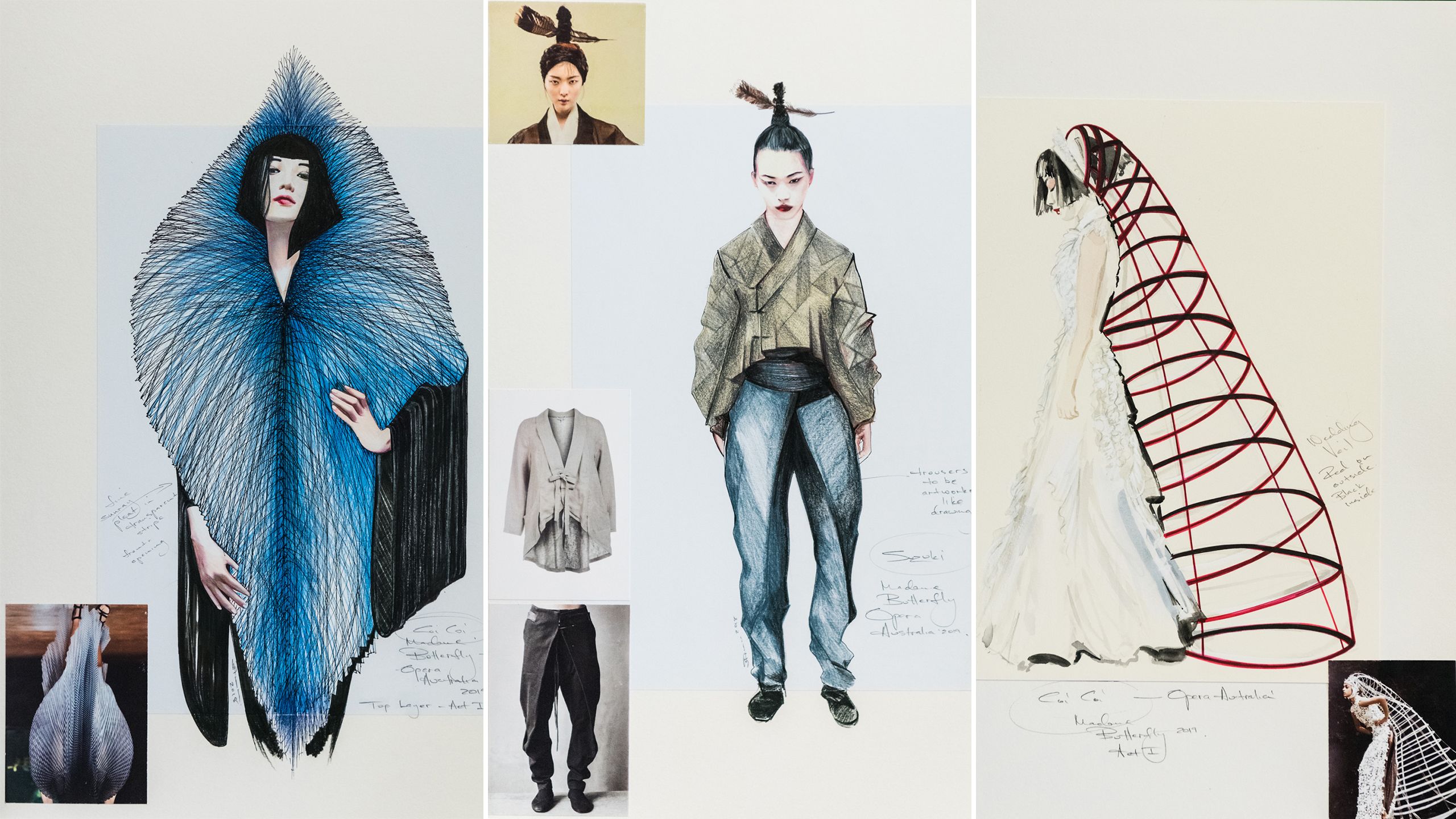 Three costume sketches for an opera production of Madama Butterfly