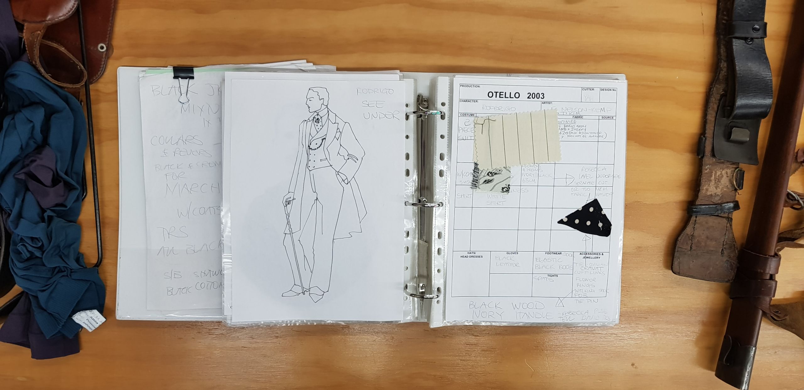 A sketch of a men in a three-piece suit with fabric samples.