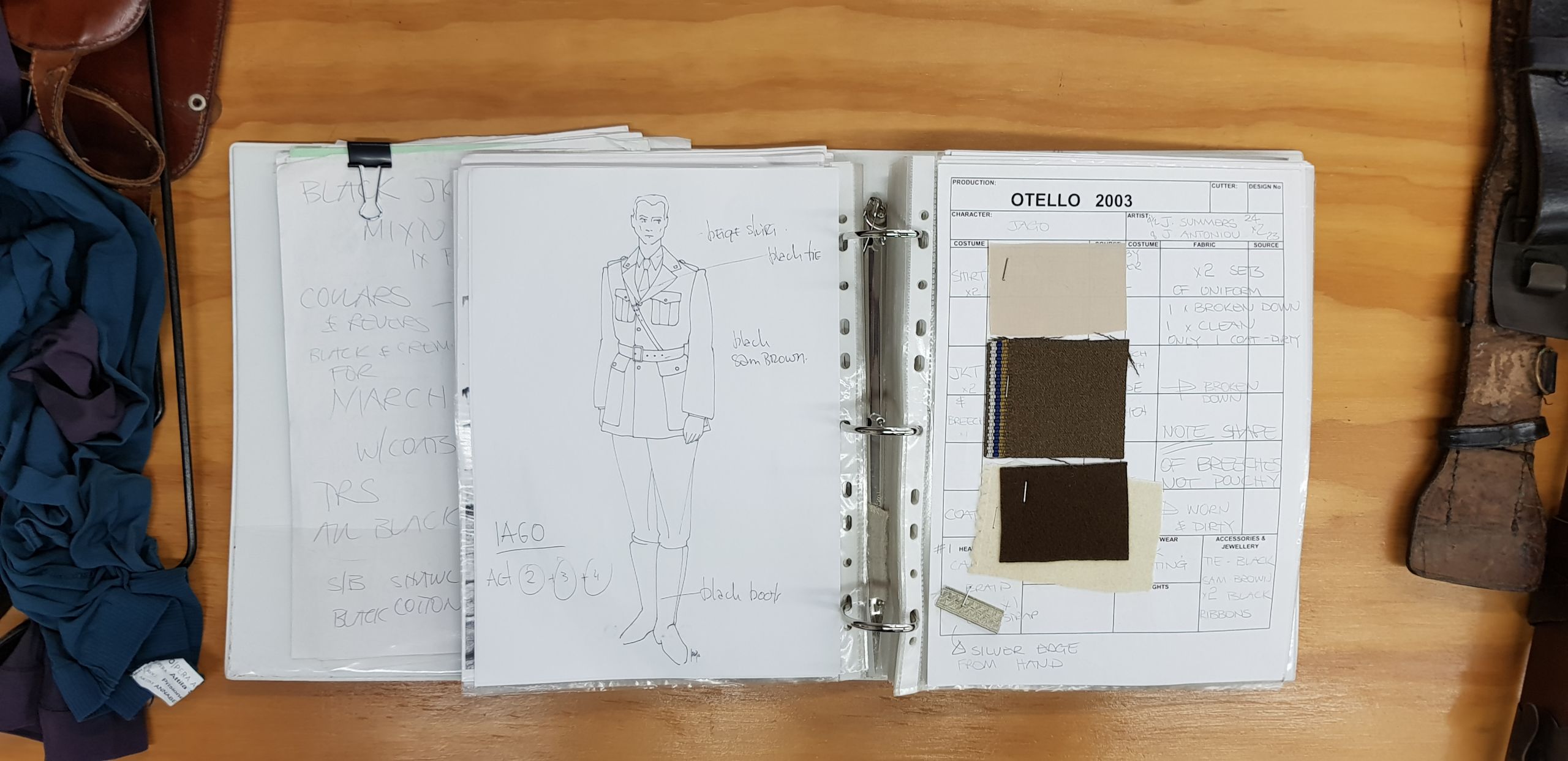 A sketch of a man in military uniform with fabric swatches.