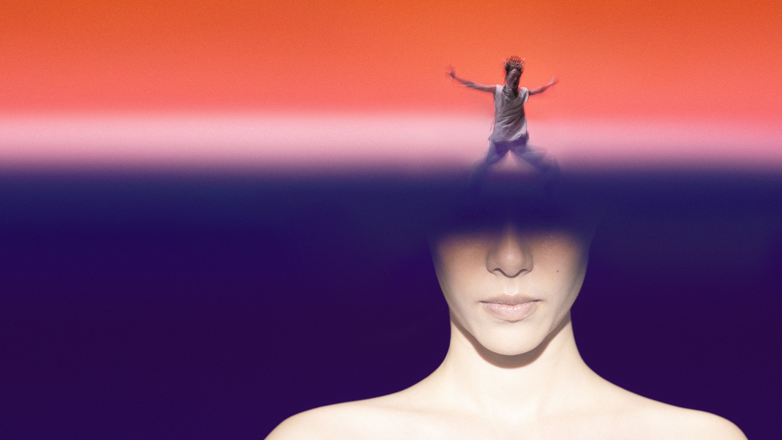 A portrait of a woman's face, cut off above the eyes, with a dancer leaping above.